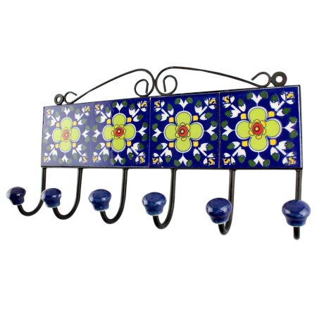 Ceramic Floral Tile Hook in Navy Blue